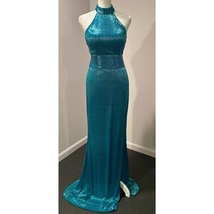 Liquid Beaded Teal Halter Gown